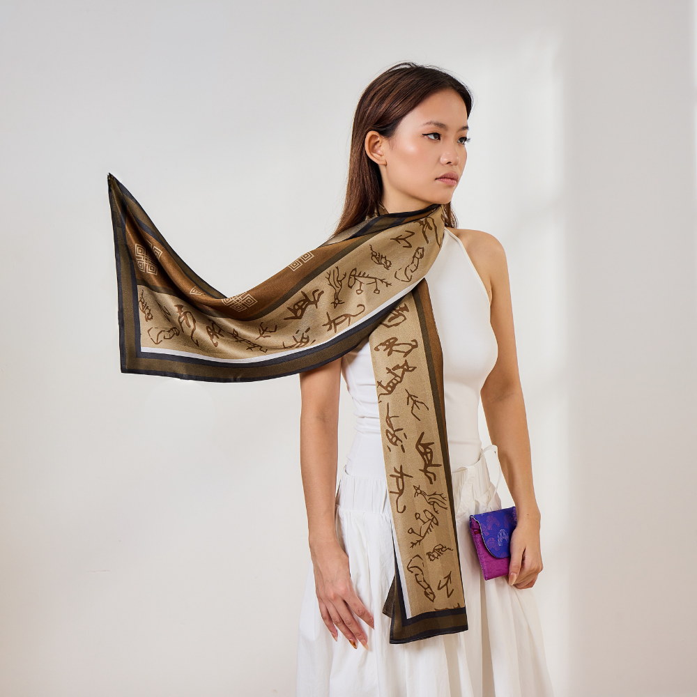 100% Mulberry Silk ‘Oracle Bone Brown’ Long Scarf
