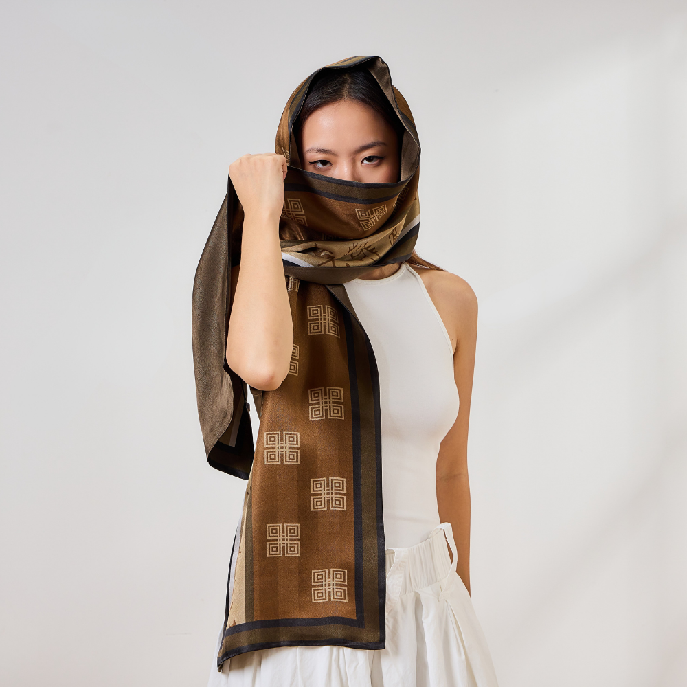 100% Mulberry Silk ‘Oracle Bone Brown’ Long Scarf