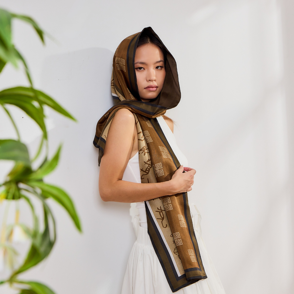 100% Mulberry Silk ‘Oracle Bone Brown’ Long Scarf