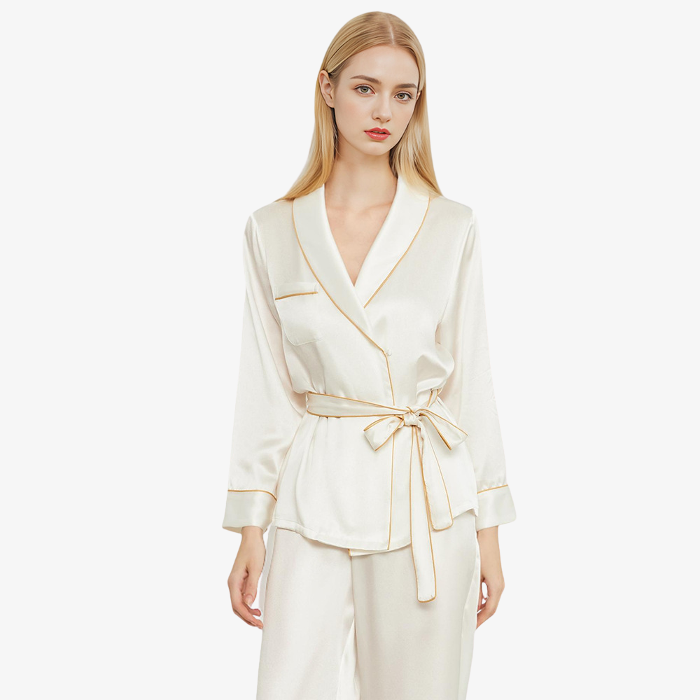 19 Momme 100% Mulberry Silk Short Robe & Long Pants Pajama Set