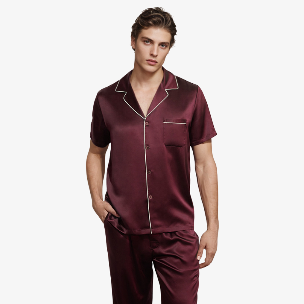 19 Momme 100% Mulberry Silk Men’s Short-Sleeve Long Pants Pajama Set