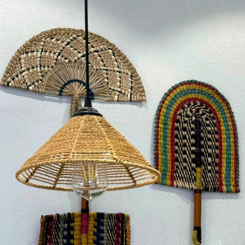 Natural Blue Woven Straw Hand Fan Eco Friendly Summer Cooling Gift