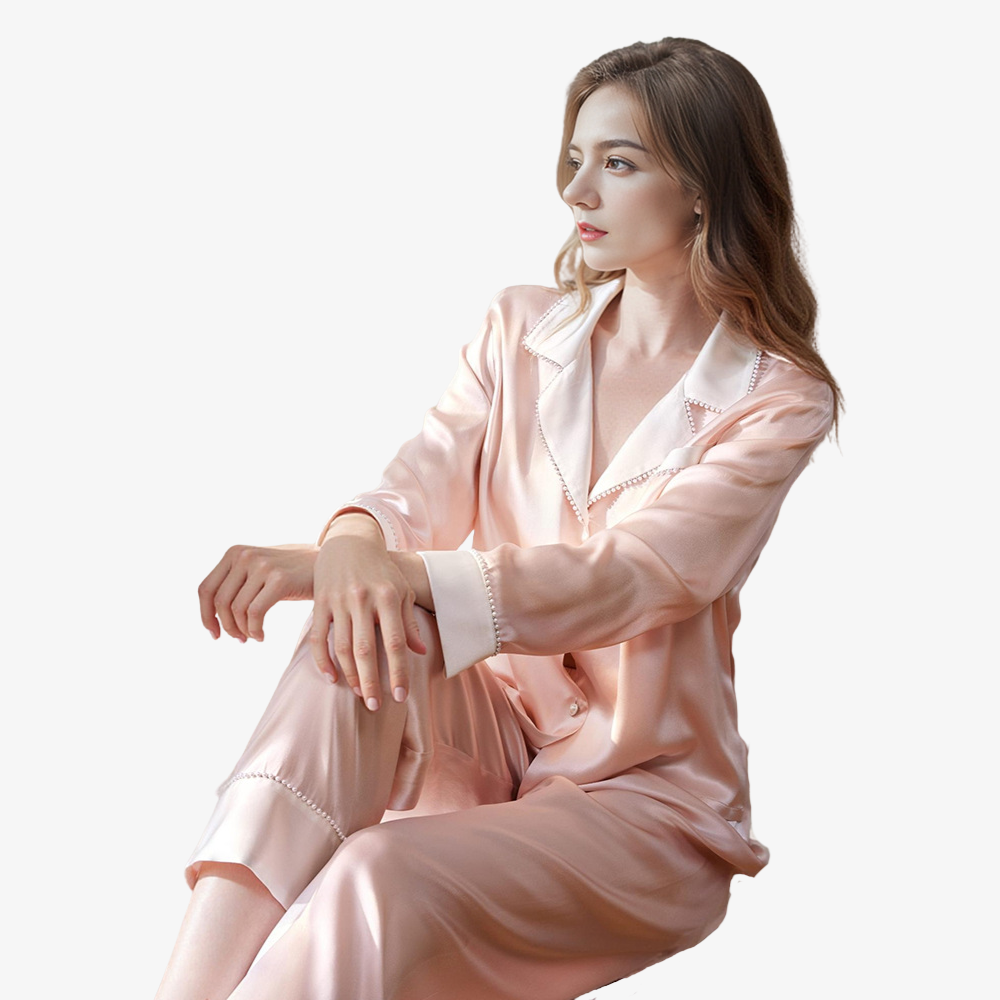 19 Momme 100% Mulberry Silk Color-Blocked Pearl Pajama Set