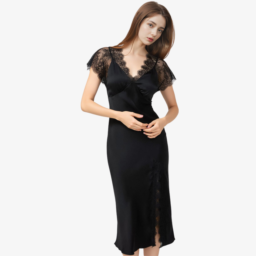 19 Momme 100% Mulberry Silk Fitted Slit Camisole with Built-In Bra Pads Nightgown