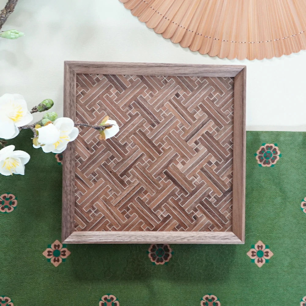 Black Walnut Wood Inlay Small Square Tray – Manji Geometric Pattern