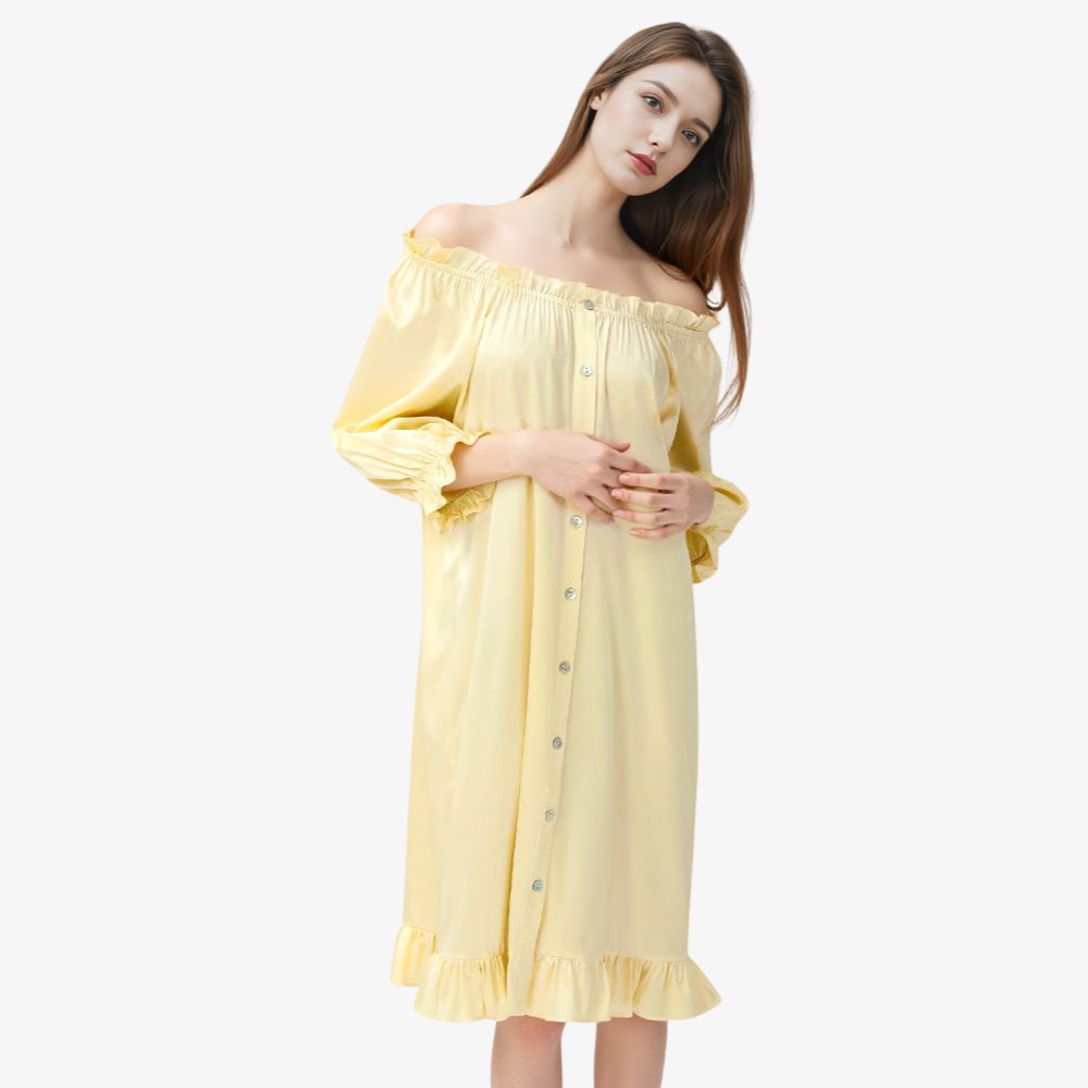 16 Momme 100% Mulberry Silk Off-Shoulder French Puff-Sleeve Nightgown
