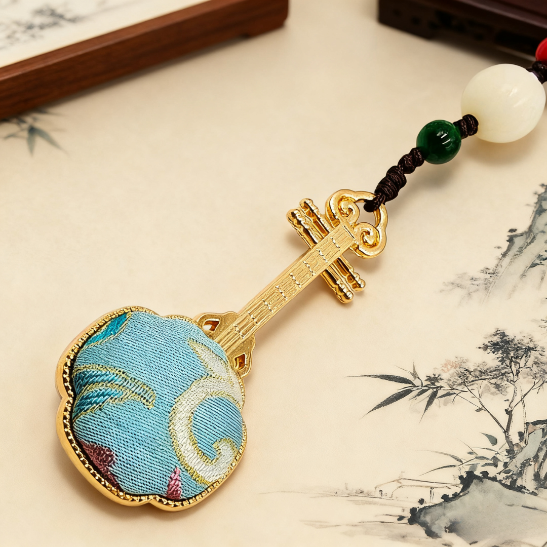 Song Brocade Pipa Charm Blue Gold Mulberry Silk Pendant