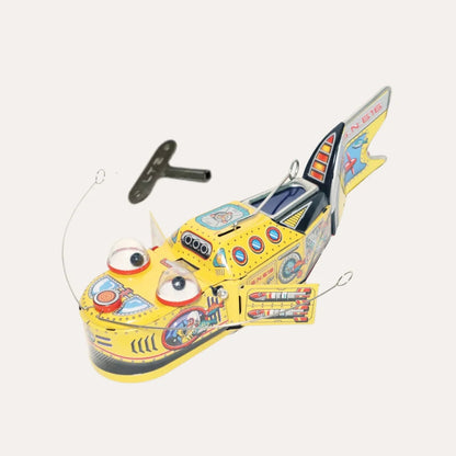 Vintage Space Whale Yellow Tin Wind Up Retro Style Collectible Holiday Gift