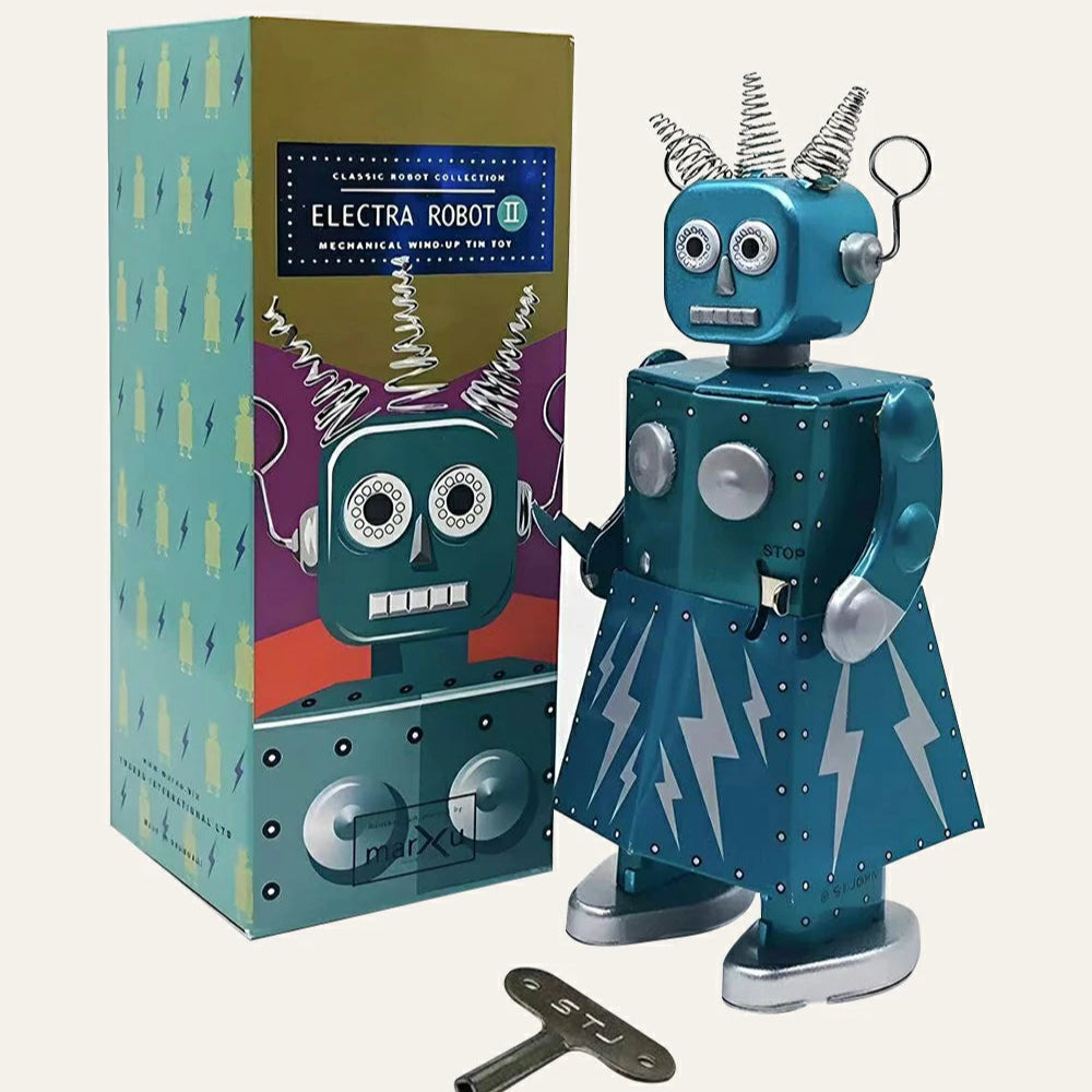 Vintage Blue Tin Wind-Up Robot Collectible Adult Creative Gift