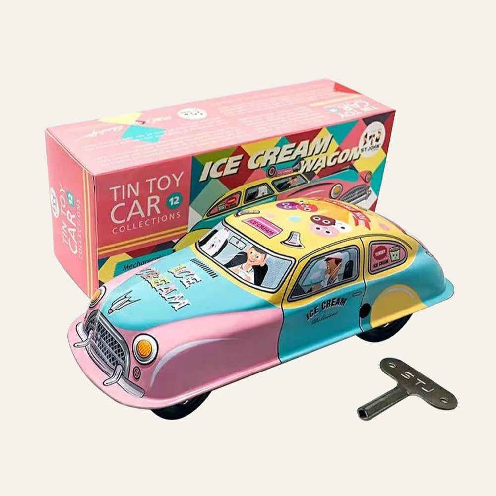Vintage Yellow Wind-Up Tin Car Retro Collectible Toy Model Gift