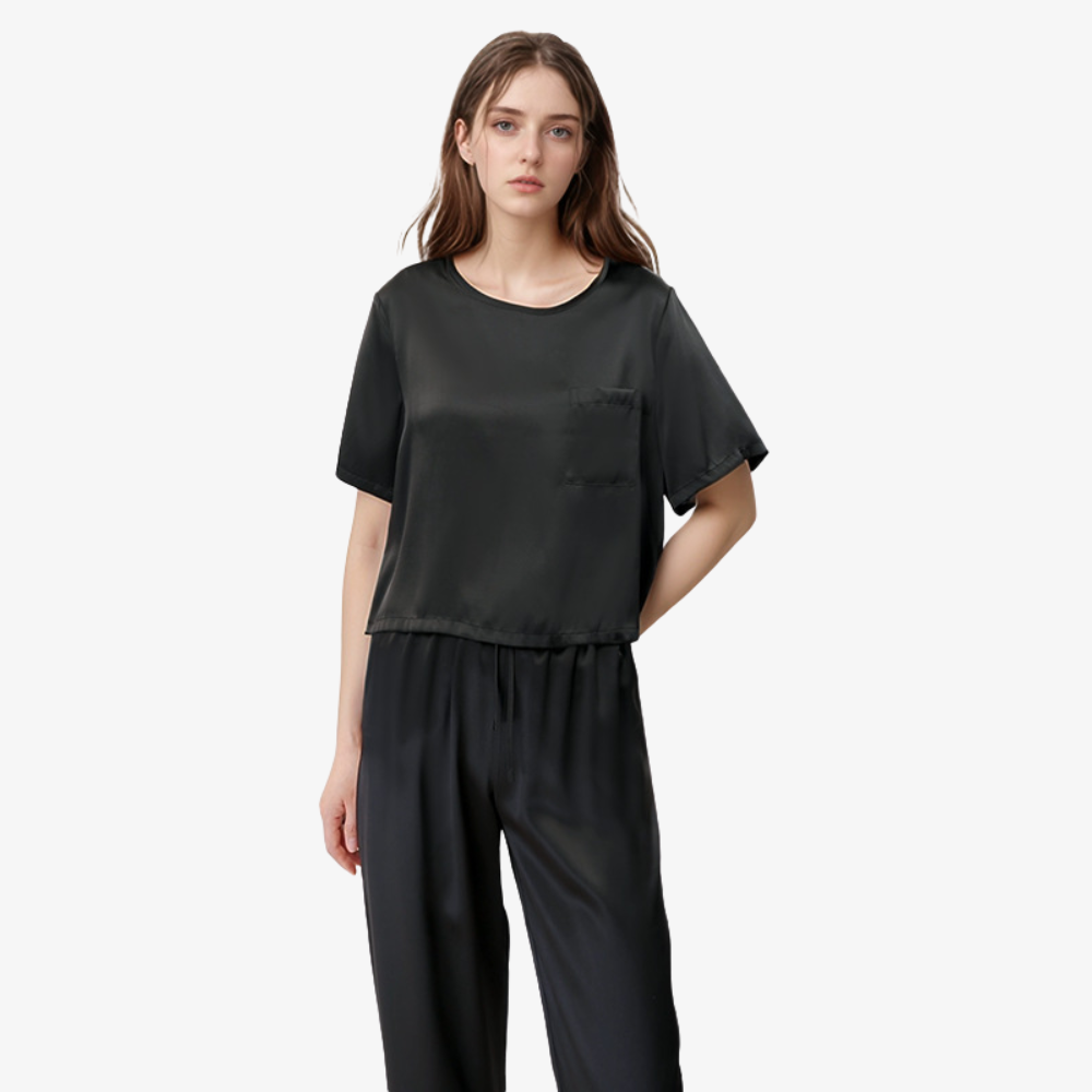 16 Momme 100% Mulberry Silk Short-Sleeve Top & Long Pants Pajama Set