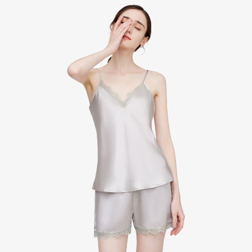 19 Momme 100% Mulberry Silk Lace-Trimmed Cami Pajama Set