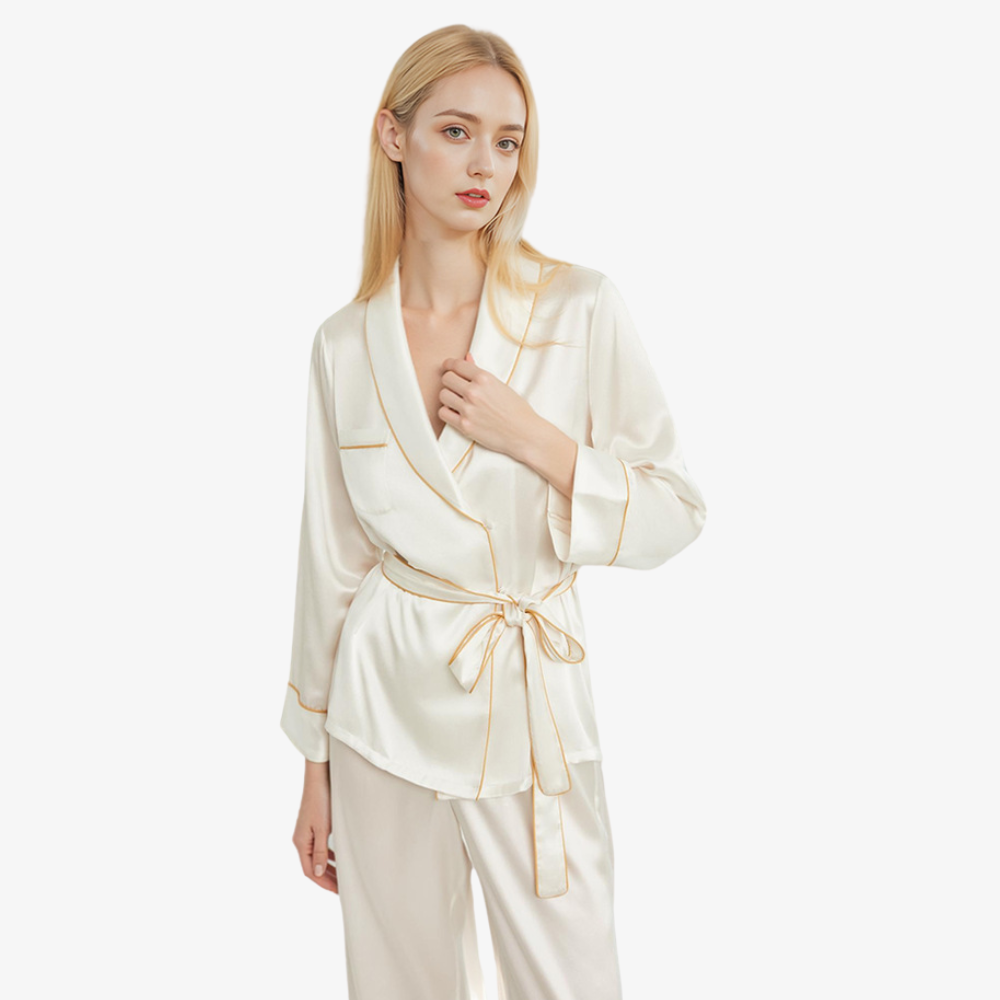 19 Momme 100% Mulberry Silk Short Robe & Long Pants Pajama Set