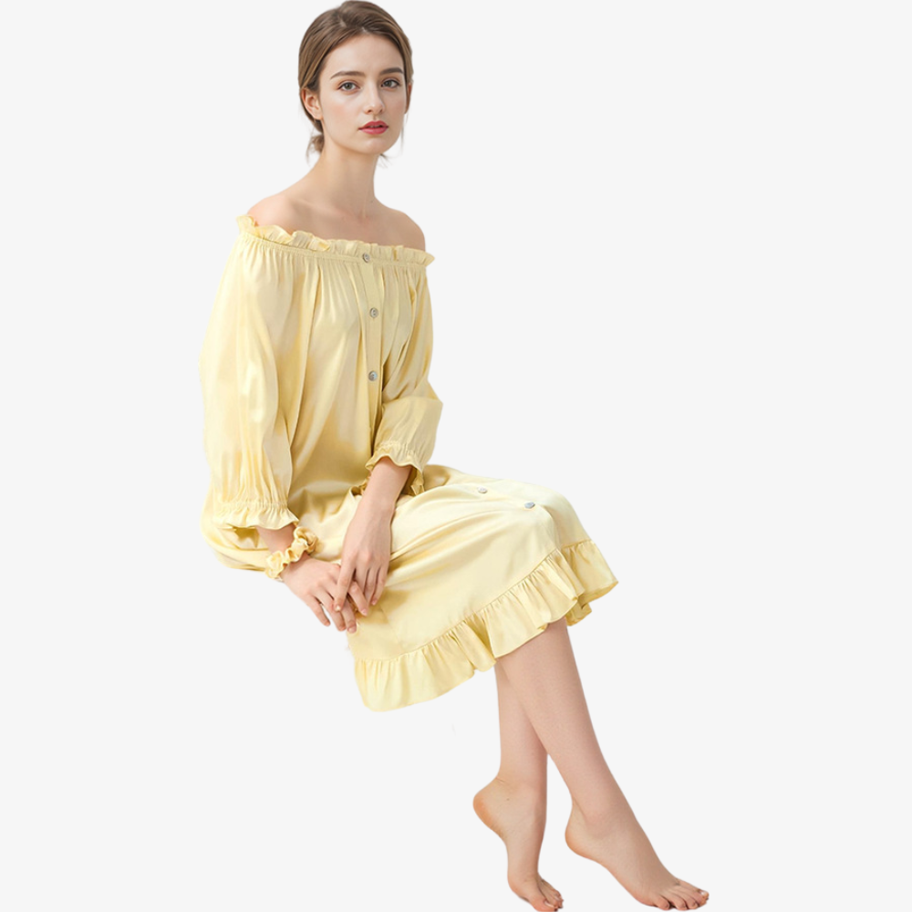 16 Momme 100% Mulberry Silk Off-Shoulder French Puff-Sleeve Nightgown