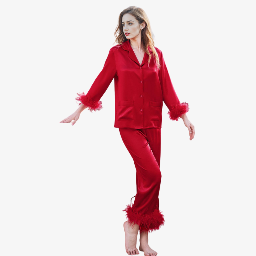 19 Momme 100% Mulberry Silk Feather-Trim Pajama Set