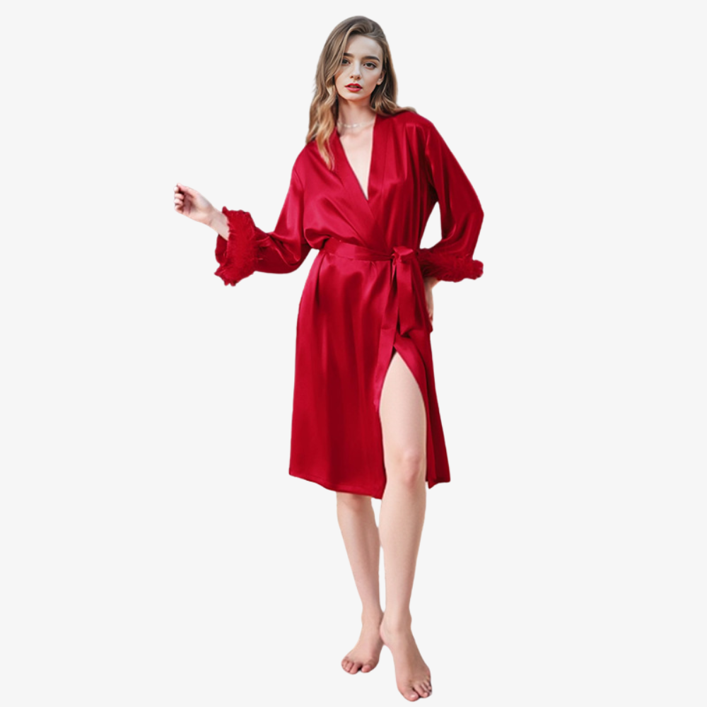 19 Momme 100% Mulberry Silk Feather Trim Robe