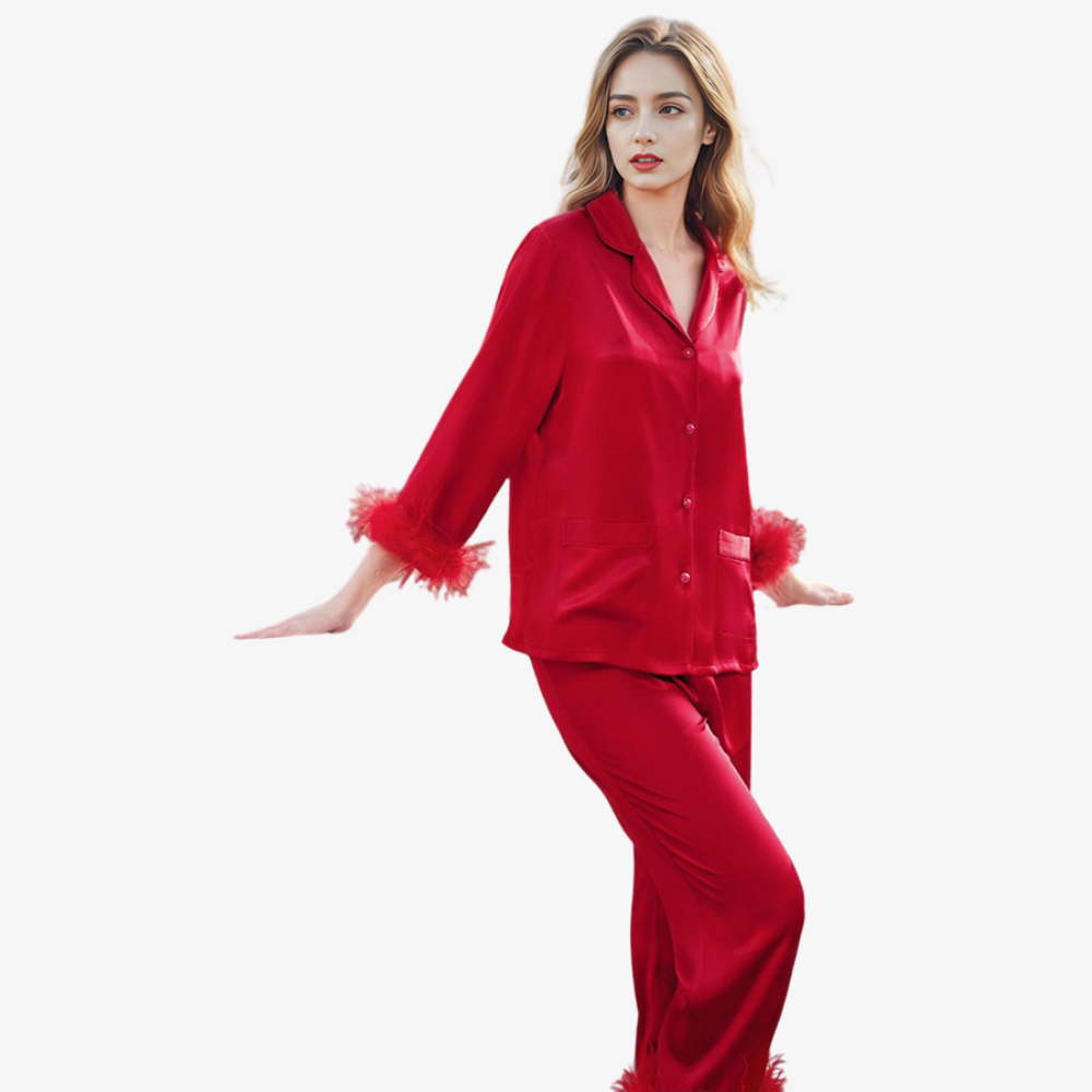 19 Momme 100% Mulberry Silk Feather-Trim Pajama Set