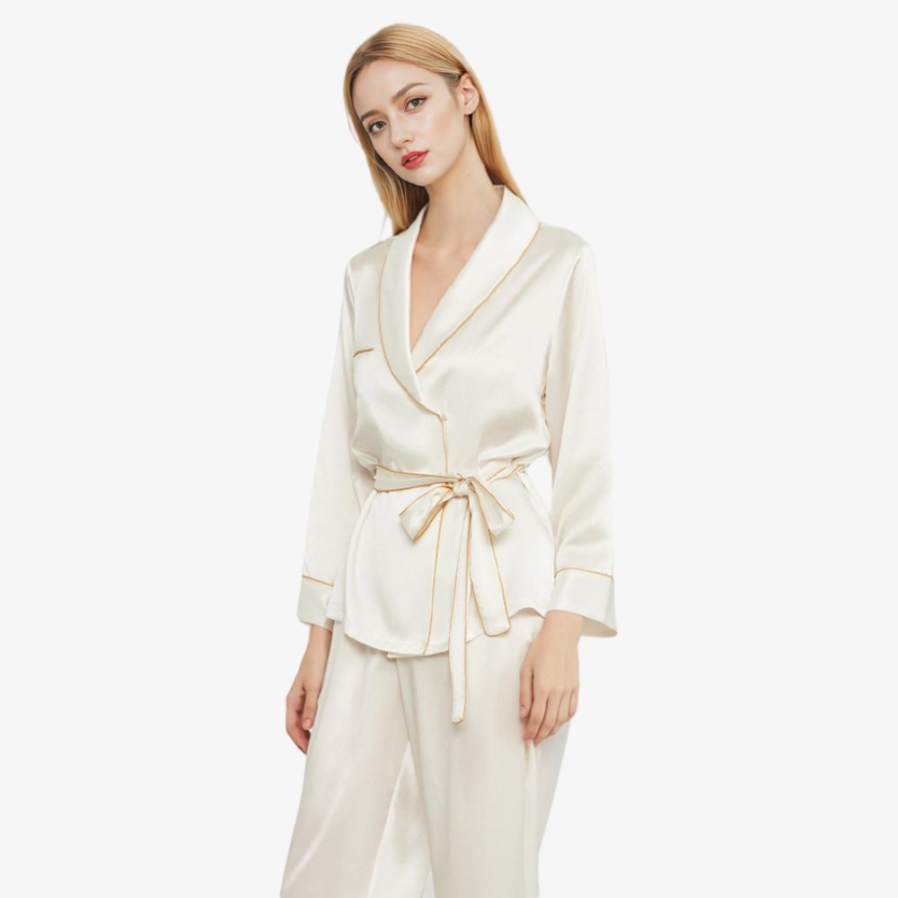 19 Momme 100% Mulberry Silk Short Robe & Long Pants Pajama Set