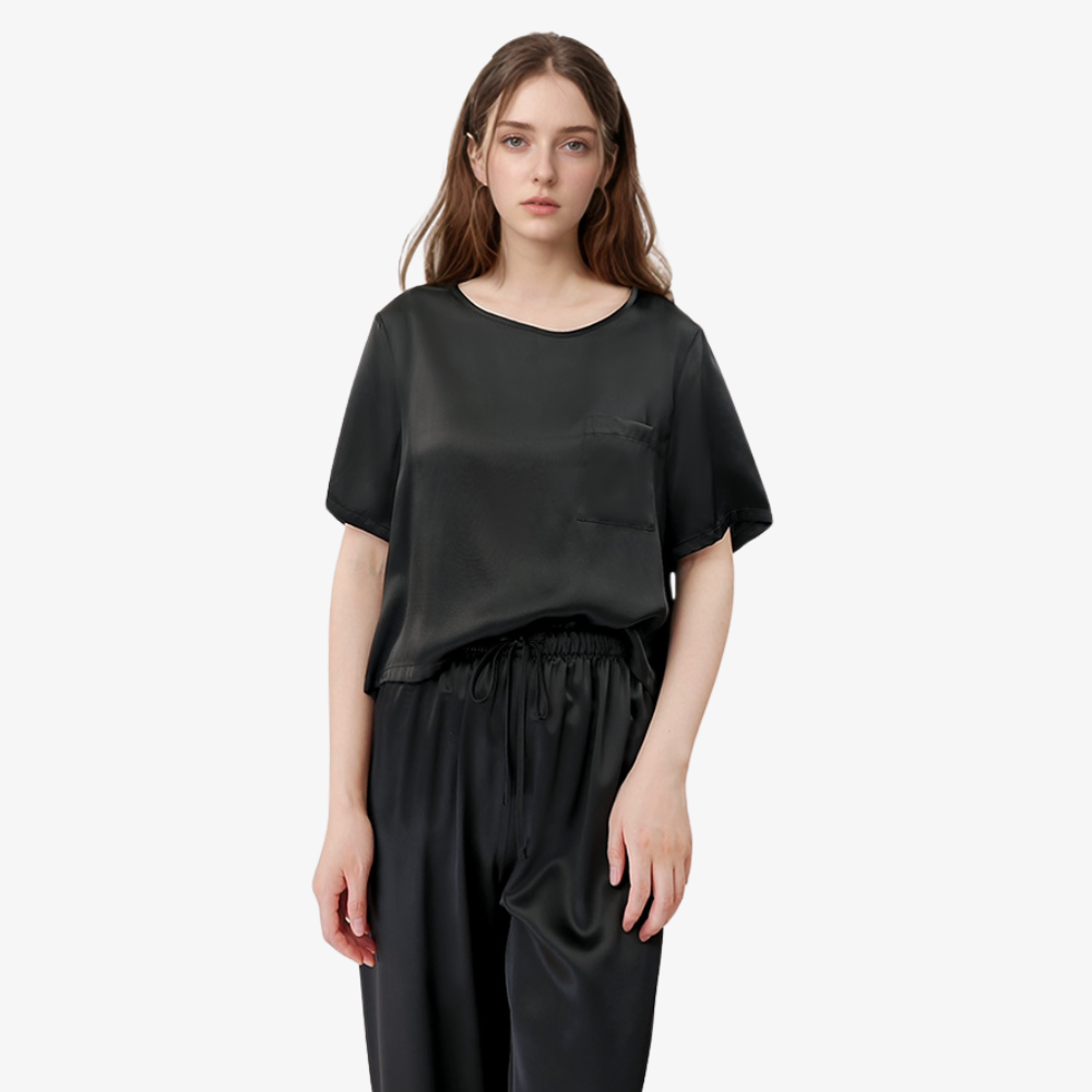 16 Momme 100% Mulberry Silk Short-Sleeve Top & Long Pants Pajama Set