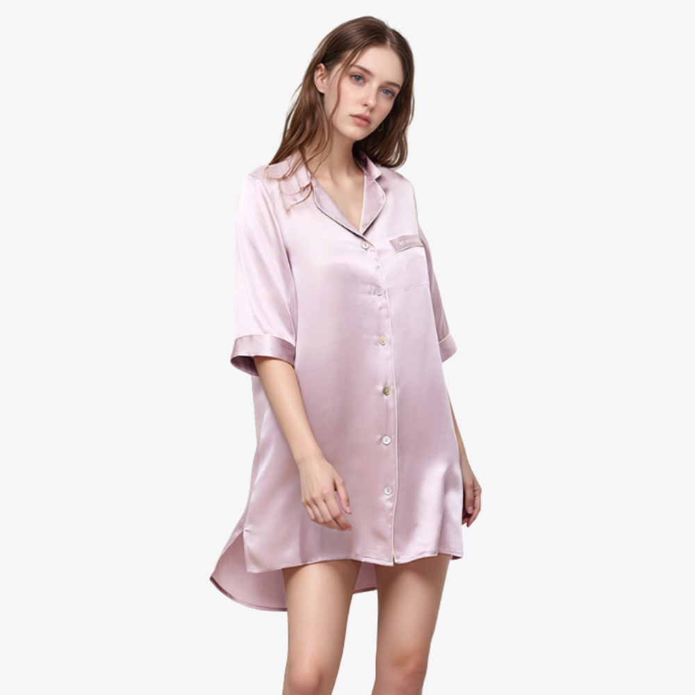 16 Momme 100% Mulberry Silk Mid-Length Shirt Dress Sleepwear