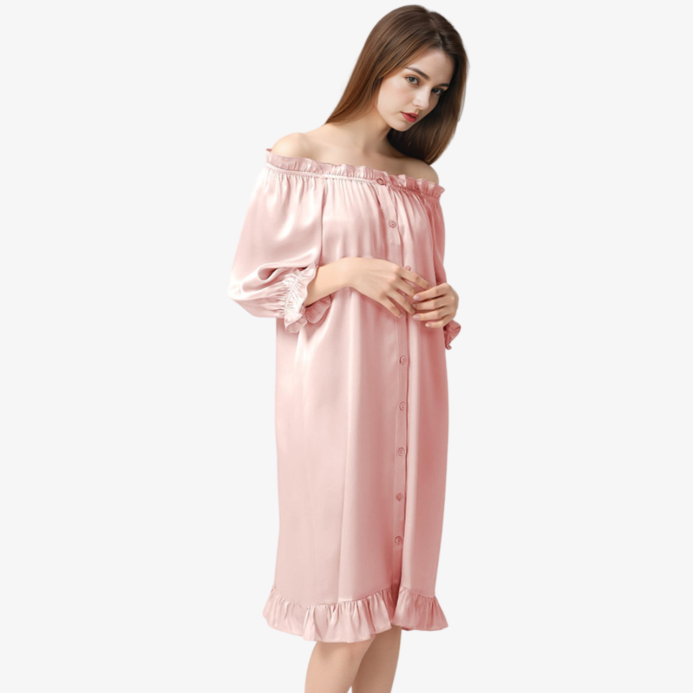 16 Momme 100% Mulberry Silk Off-Shoulder French Puff-Sleeve Nightgown