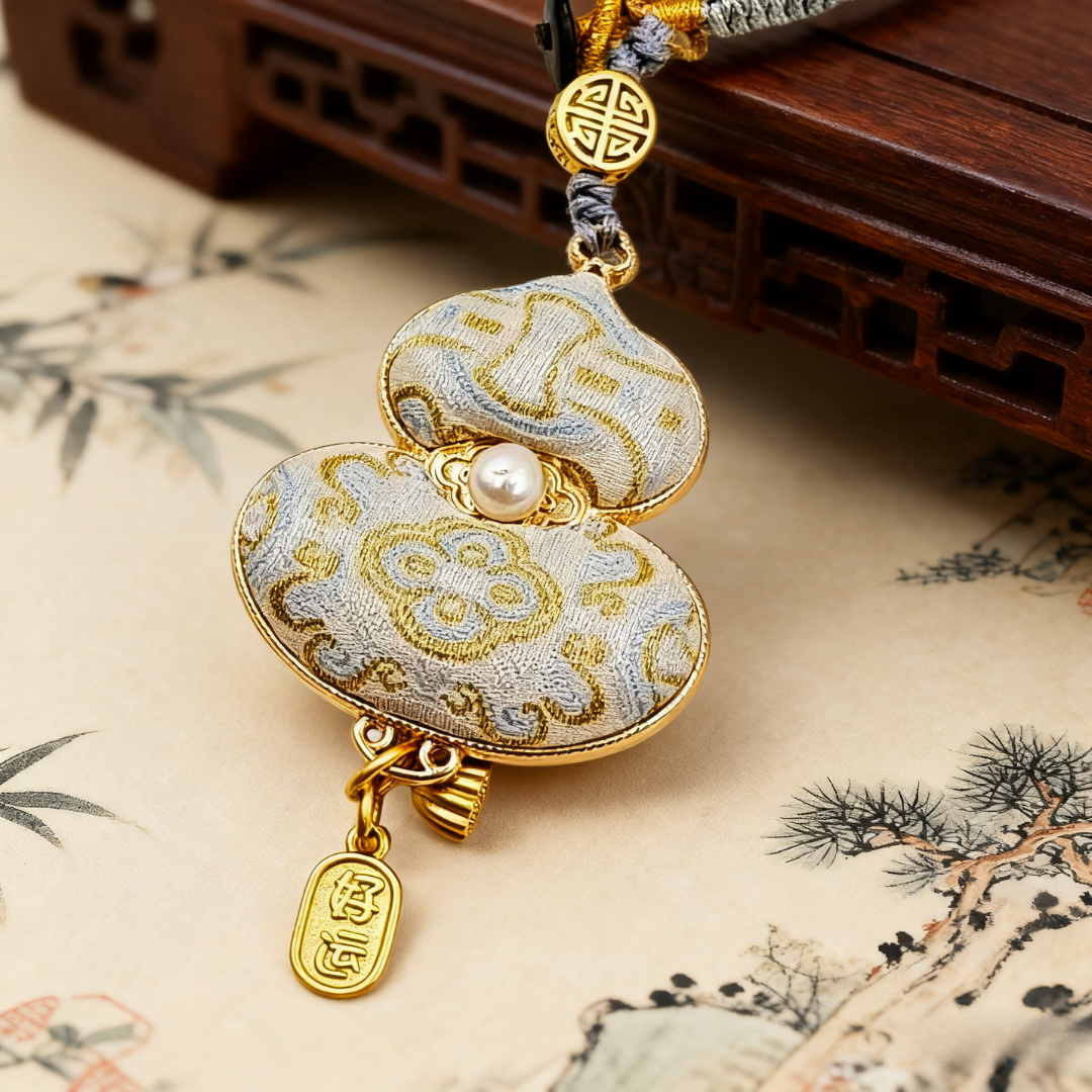 Song Brocade Gourd Charm Tassel White Gold Mulberry Silk Pendant