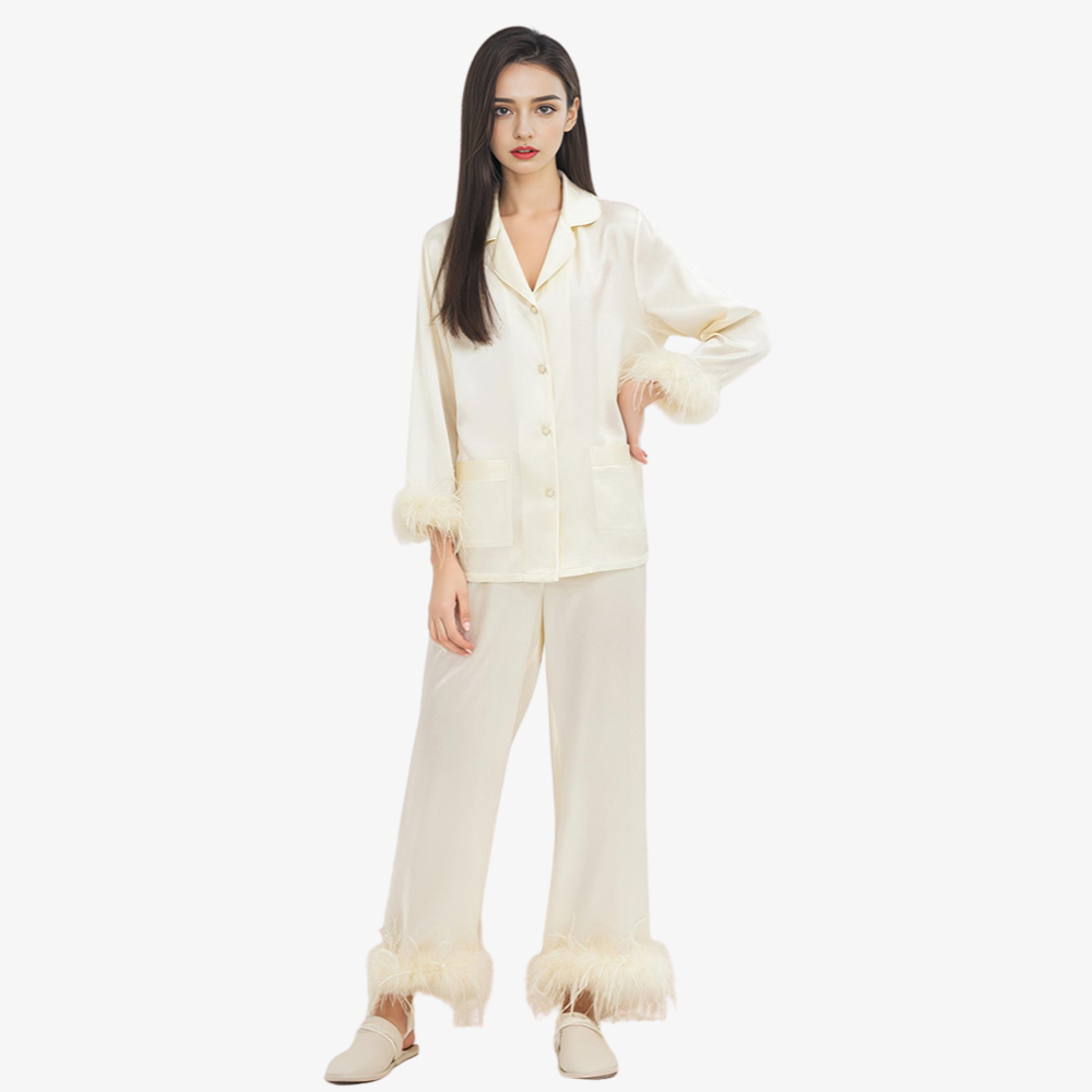 19 Momme 100% Mulberry Silk Feather-Trim Pajama Set