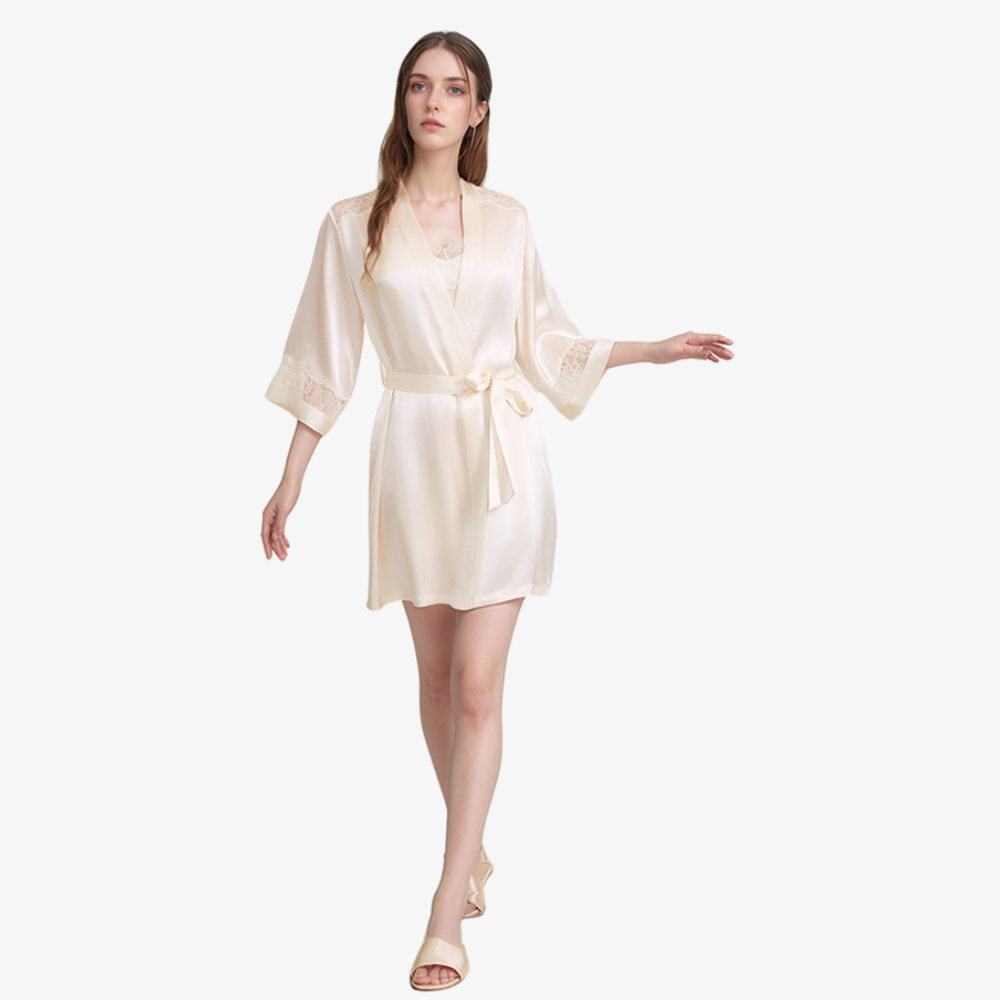 16 Momme 100% Mulberry Silk Lace Robe with Built-In Bra Cups Set